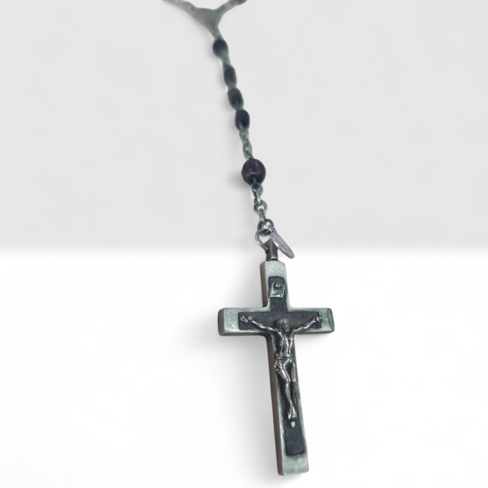 Black Ebonized Wood Rosary Necklace Cross Pendant Antique Vintage Religious